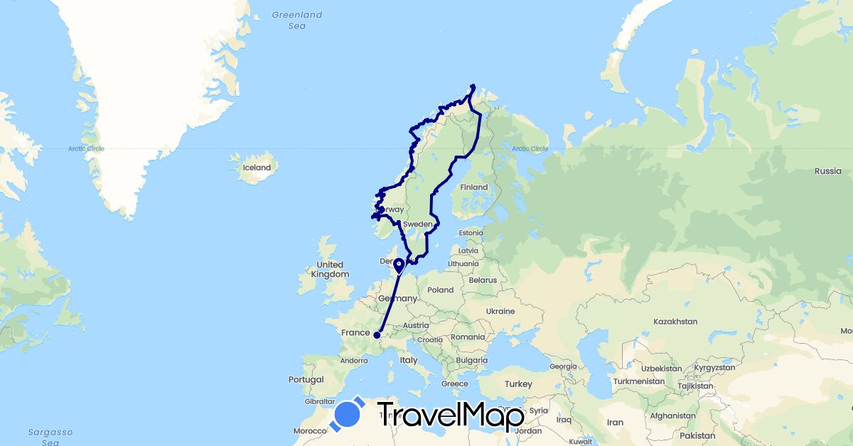TravelMap itinerary: driving in Switzerland, Germany, Denmark, Finland, France, Norway, Sweden (Europe)